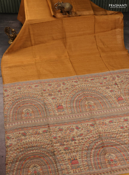 Pure dupion silk saree mustard yellow and beige with plain body and madhubani printed pallu