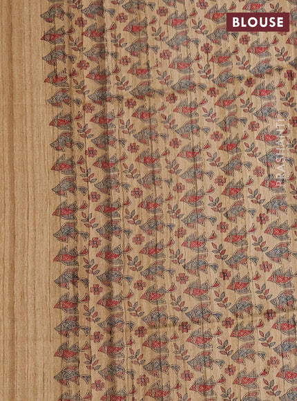 Pure dupion silk saree mustard yellow and beige with plain body and madhubani printed pallu