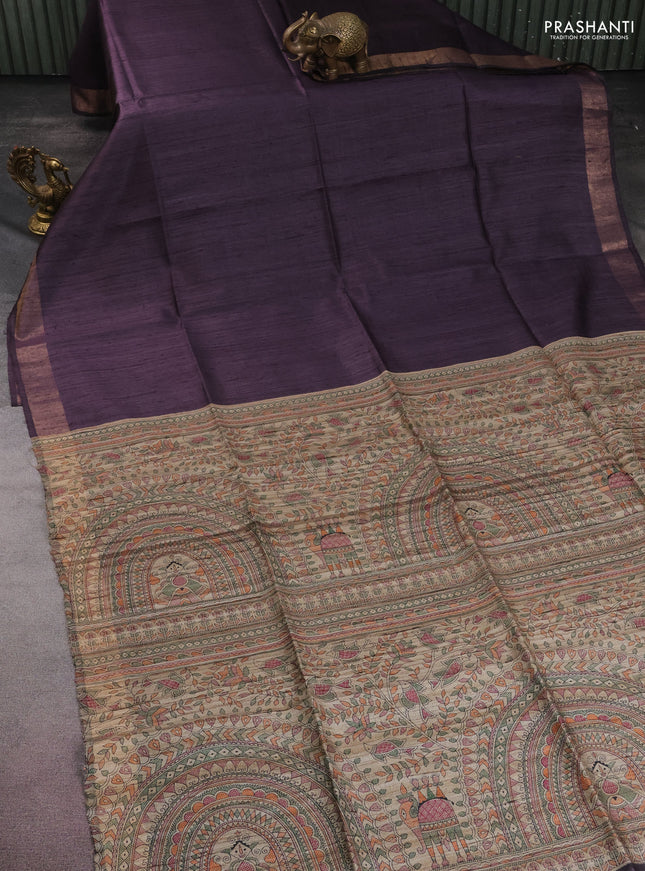 Pure dupion silk saree wine shade and beige with plain body and madhubani printed pallu