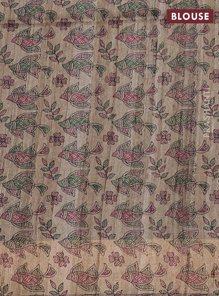 Pure dupion silk saree wine shade and beige with plain body and madhubani printed pallu