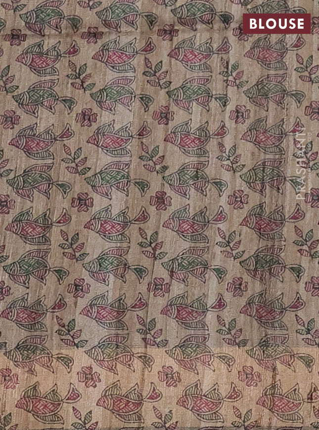 Pure dupion silk saree wine shade and beige with plain body and madhubani printed pallu