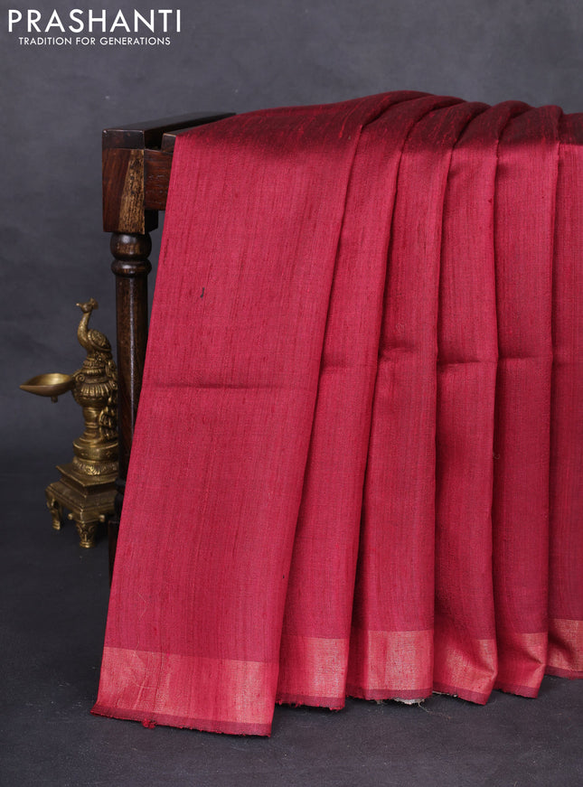 Pure dupion silk saree maroon and beige with plain body and madhubani printed pallu