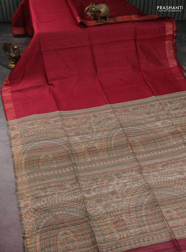 Pure dupion silk saree maroon and beige with plain body and madhubani printed pallu