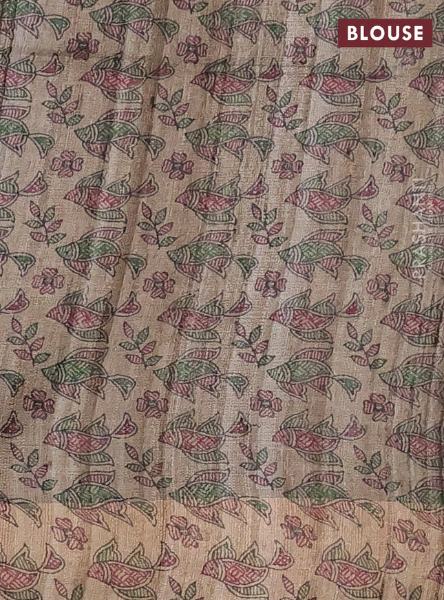 Pure dupion silk saree maroon and beige with plain body and madhubani printed pallu