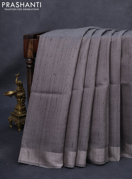 Pure dupion silk saree grey and beige with plain body and madhubani printed pallu