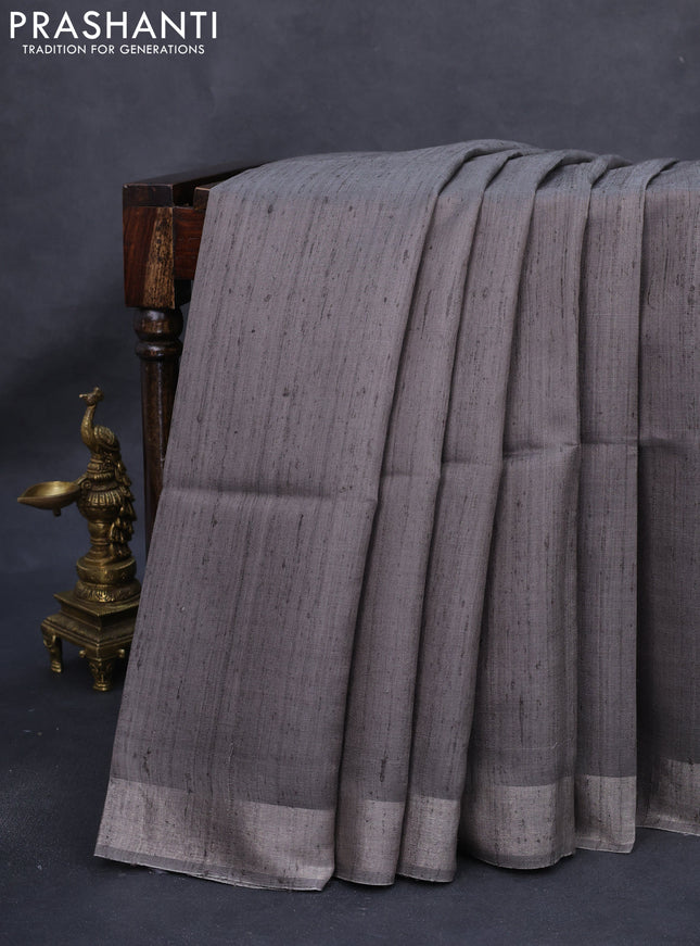 Pure dupion silk saree grey and beige with plain body and madhubani printed pallu