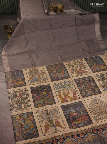 Pure dupion silk saree grey and beige with plain body and madhubani printed pallu