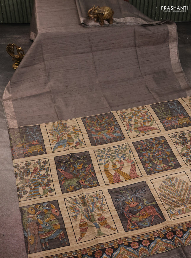 Pure dupion silk saree grey and beige with plain body and madhubani printed pallu