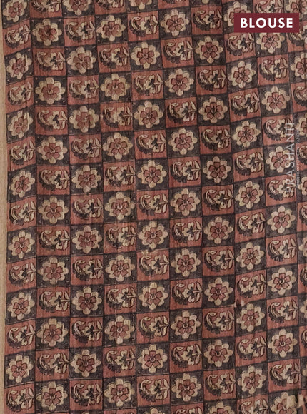 Pure dupion silk saree grey and beige with plain body and madhubani printed pallu