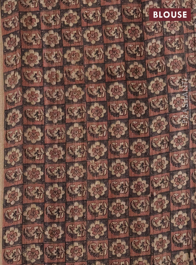 Pure dupion silk saree grey and beige with plain body and madhubani printed pallu