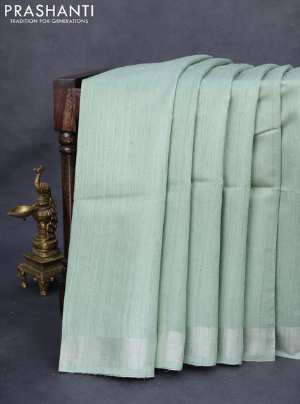 Pure dupion silk saree pastel green and beige with plain body and kalamkari printed pallu