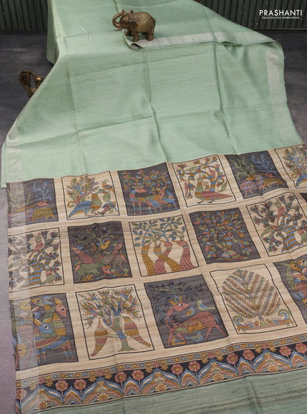 Pure dupion silk saree pastel green and beige with plain body and kalamkari printed pallu