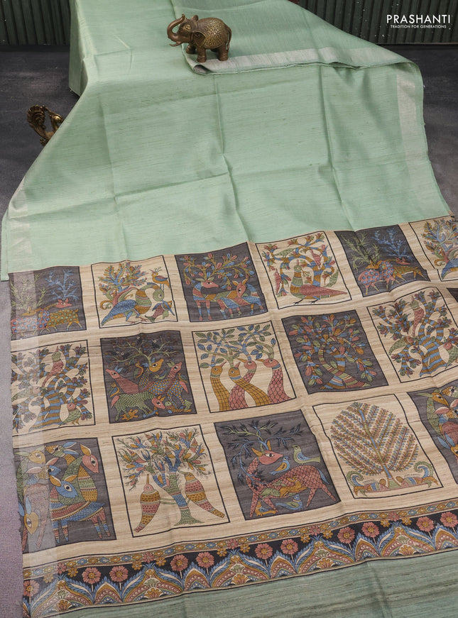 Pure dupion silk saree pastel green and beige with plain body and kalamkari printed pallu