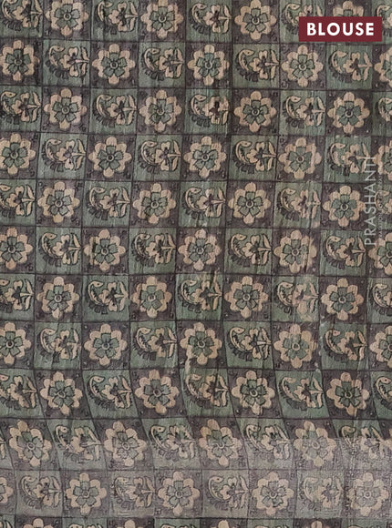 Pure dupion silk saree pastel green and beige with plain body and kalamkari printed pallu