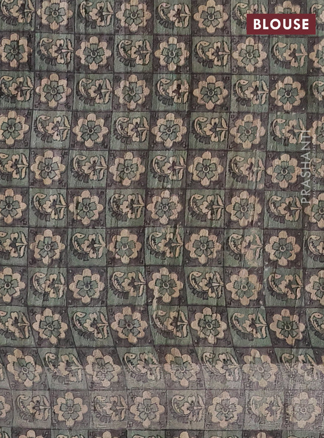 Pure dupion silk saree pastel green and beige with plain body and kalamkari printed pallu