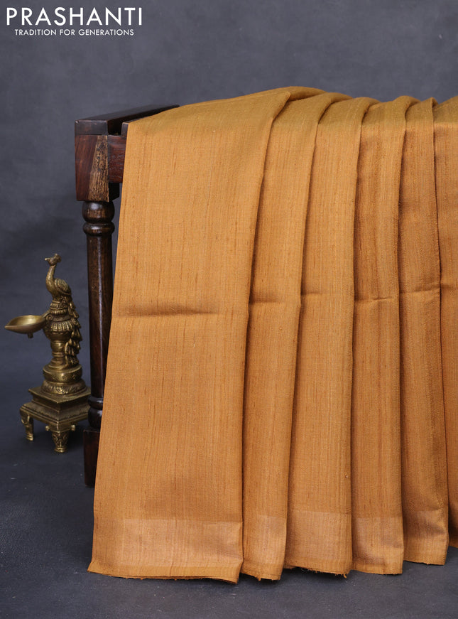 Pure dupion silk saree mustard yellow and beige with plain body and madhubani printed pallu