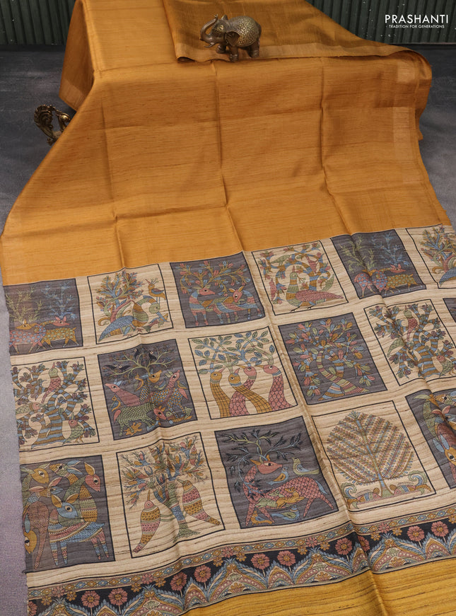 Pure dupion silk saree mustard yellow and beige with plain body and madhubani printed pallu