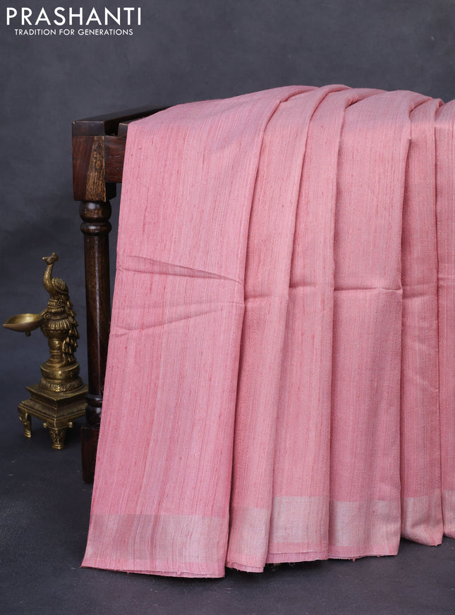 Pure dupion silk saree mild peach pink and pink beige with plain body and madhubani printed pallu