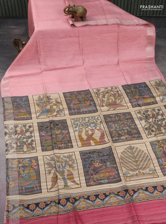 Pure dupion silk saree mild peach pink and pink beige with plain body and madhubani printed pallu