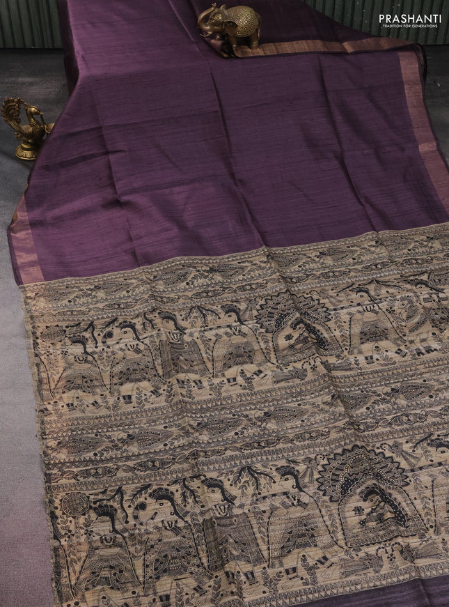 Pure dupion silk saree wine shade and beige with plain body and madhubani printed pallu