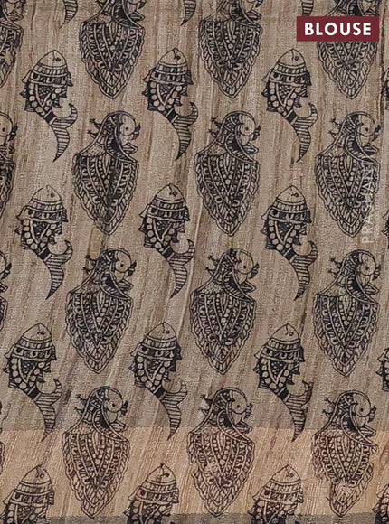 Pure dupion silk saree wine shade and beige with plain body and madhubani printed pallu