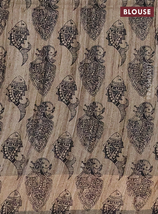 Pure dupion silk saree wine shade and beige with plain body and madhubani printed pallu