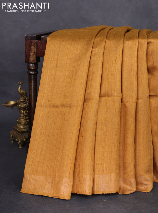 Pure dupion silk saree mustard yellow and beige with plain body and madhubani printed pallu