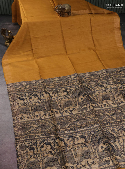 Pure dupion silk saree mustard yellow and beige with plain body and madhubani printed pallu