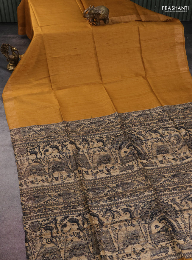Pure dupion silk saree mustard yellow and beige with plain body and madhubani printed pallu