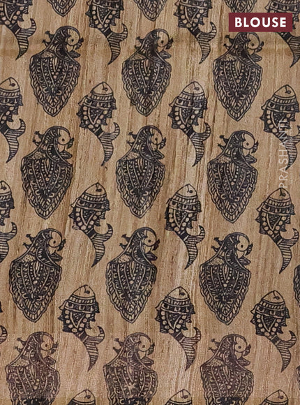 Pure dupion silk saree mustard yellow and beige with plain body and madhubani printed pallu