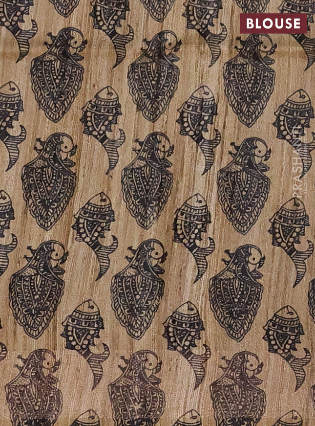 Pure dupion silk saree mustard yellow and beige with plain body and madhubani printed pallu