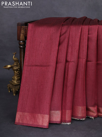 Pure dupion silk saree maroon and beige with plain body and madhubani printed pallu