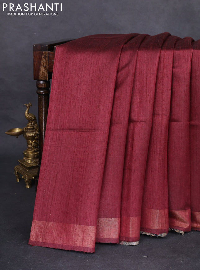 Pure dupion silk saree maroon and beige with plain body and madhubani printed pallu