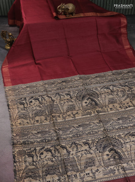 Pure dupion silk saree maroon and beige with plain body and madhubani printed pallu