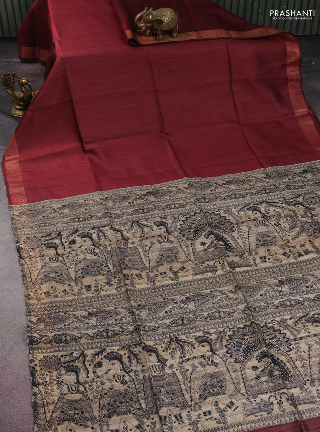 Pure dupion silk saree maroon and beige with plain body and madhubani printed pallu