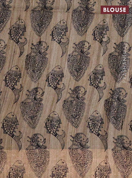 Pure dupion silk saree maroon and beige with plain body and madhubani printed pallu