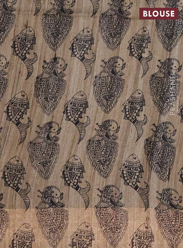 Pure dupion silk saree maroon and beige with plain body and madhubani printed pallu