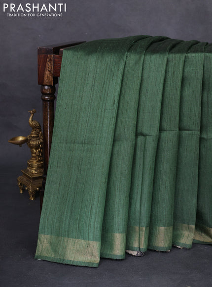 Pure dupion silk saree sap green and beige with plain body and madhubani printed pallu
