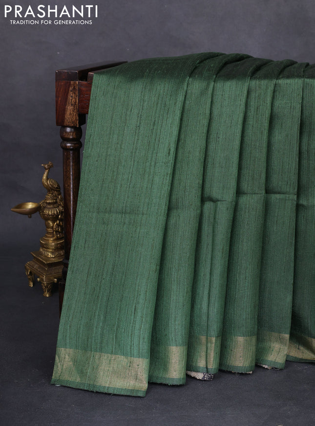 Pure dupion silk saree sap green and beige with plain body and madhubani printed pallu