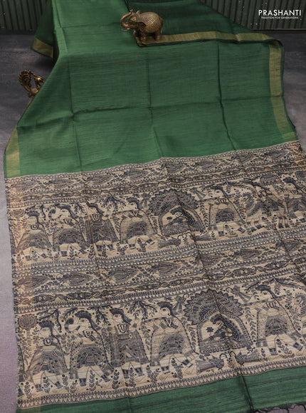 Pure dupion silk saree sap green and beige with plain body and madhubani printed pallu