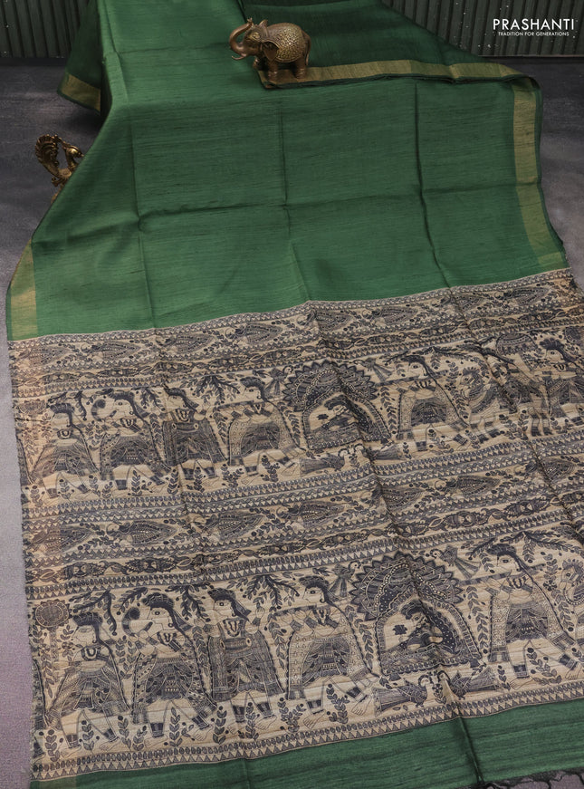 Pure dupion silk saree sap green and beige with plain body and madhubani printed pallu