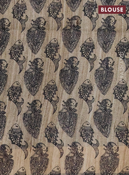 Pure dupion silk saree sap green and beige with plain body and madhubani printed pallu