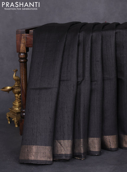 Pure dupion silk saree black and beige with plain body and madhubani printed pallu