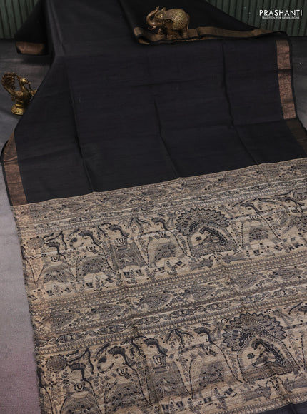 Pure dupion silk saree black and beige with plain body and madhubani printed pallu