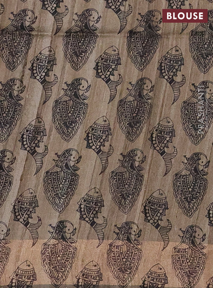 Pure dupion silk saree black and beige with plain body and madhubani printed pallu