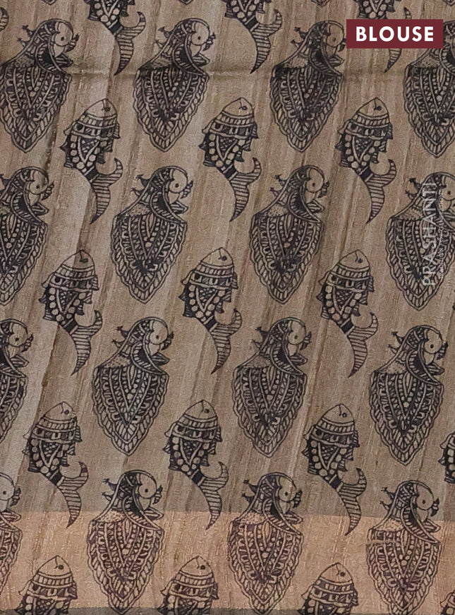 Pure dupion silk saree black and beige with plain body and madhubani printed pallu