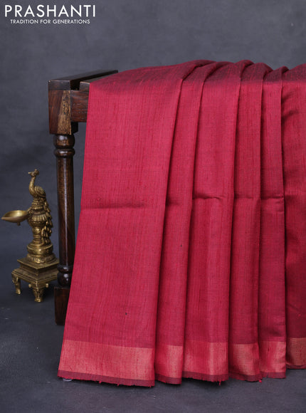 Pure dupion silk saree maroon and beige with plain body and madhubani printed pallu