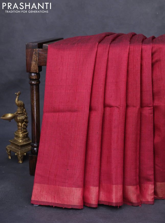 Pure dupion silk saree maroon and beige with plain body and madhubani printed pallu
