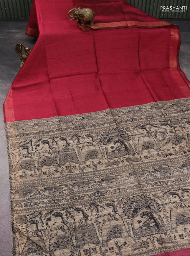 Pure dupion silk saree maroon and beige with plain body and madhubani printed pallu