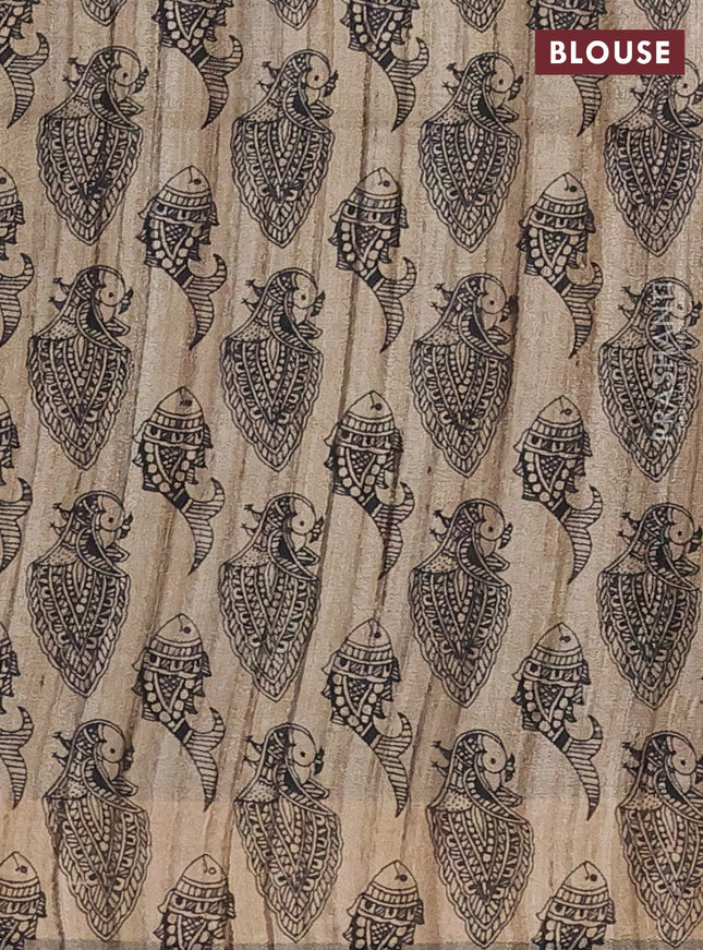 Pure dupion silk saree maroon and beige with plain body and madhubani printed pallu